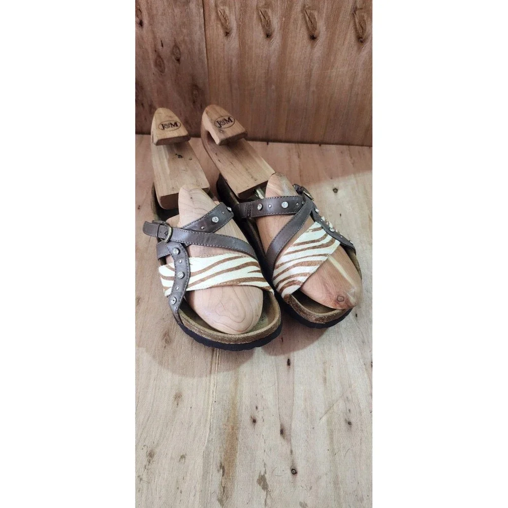 Betula by Birkenstock Brown Zebra Striped Studded Slip On Sandals sz US7 EU38